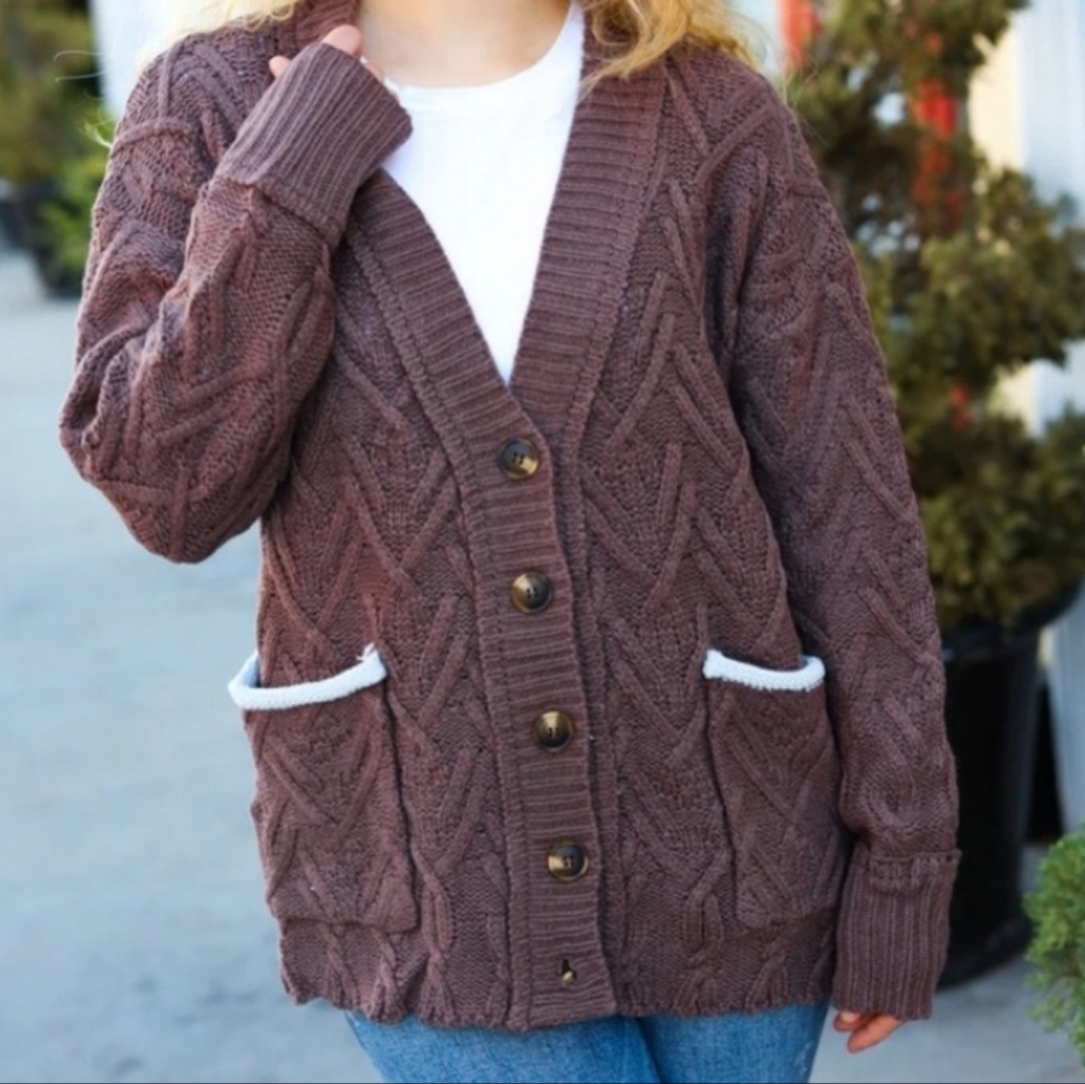 NEW BiBi Brown Cable Knit Button-Front Sweater Cardigan with White Pocket Trim